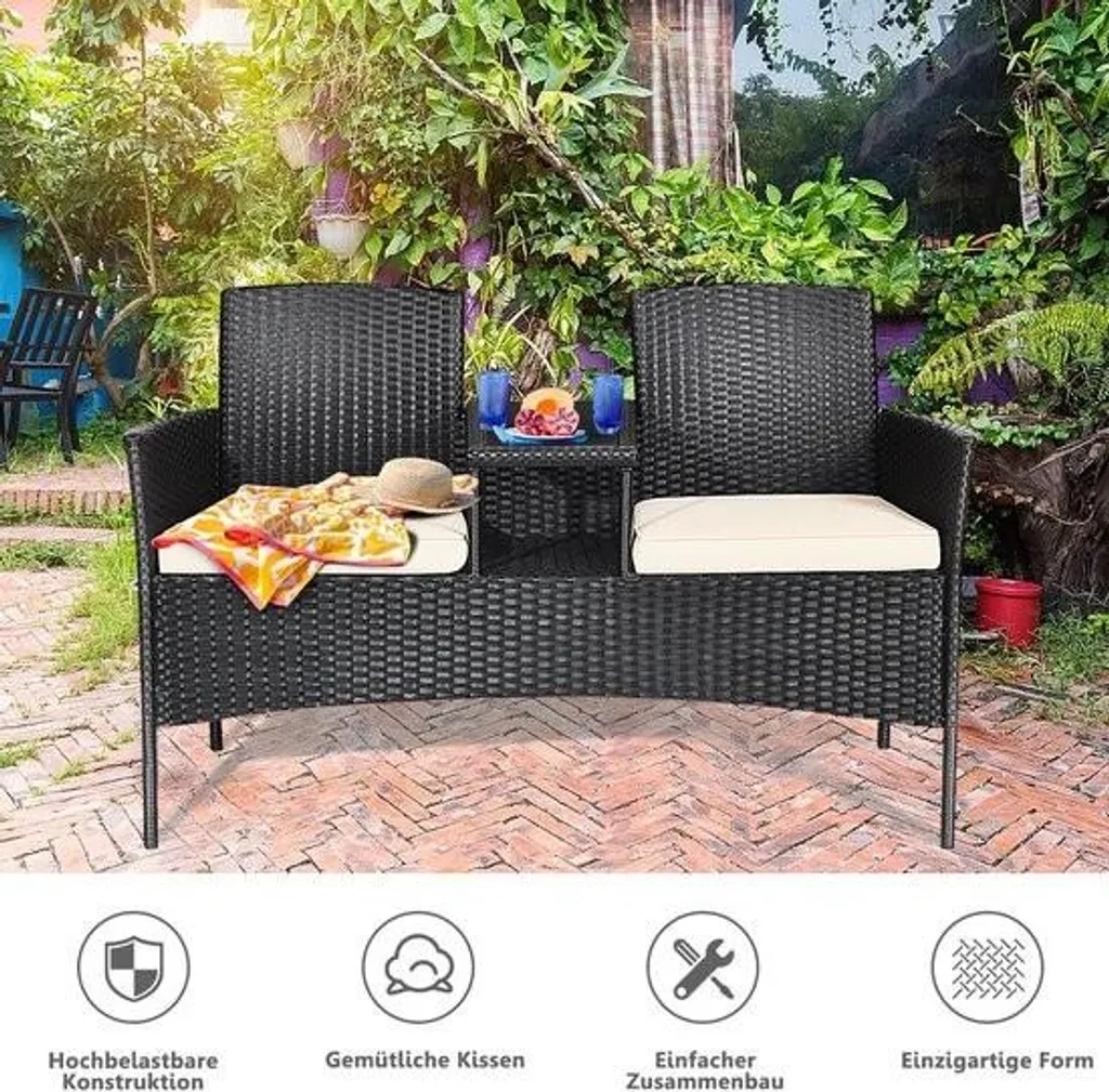 Canapé de jardin 2 places Collox avec table en verre et coussins - Noir - 2