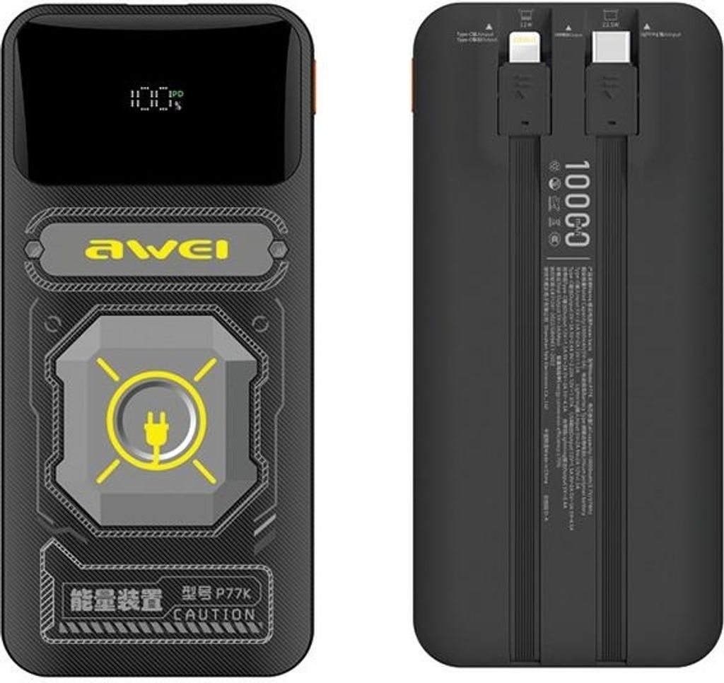 Awei Powerbank mit integriertem Lightning/Usb-C Kabel P77K 10000Mah Schwarz/Schwarz 22.5W