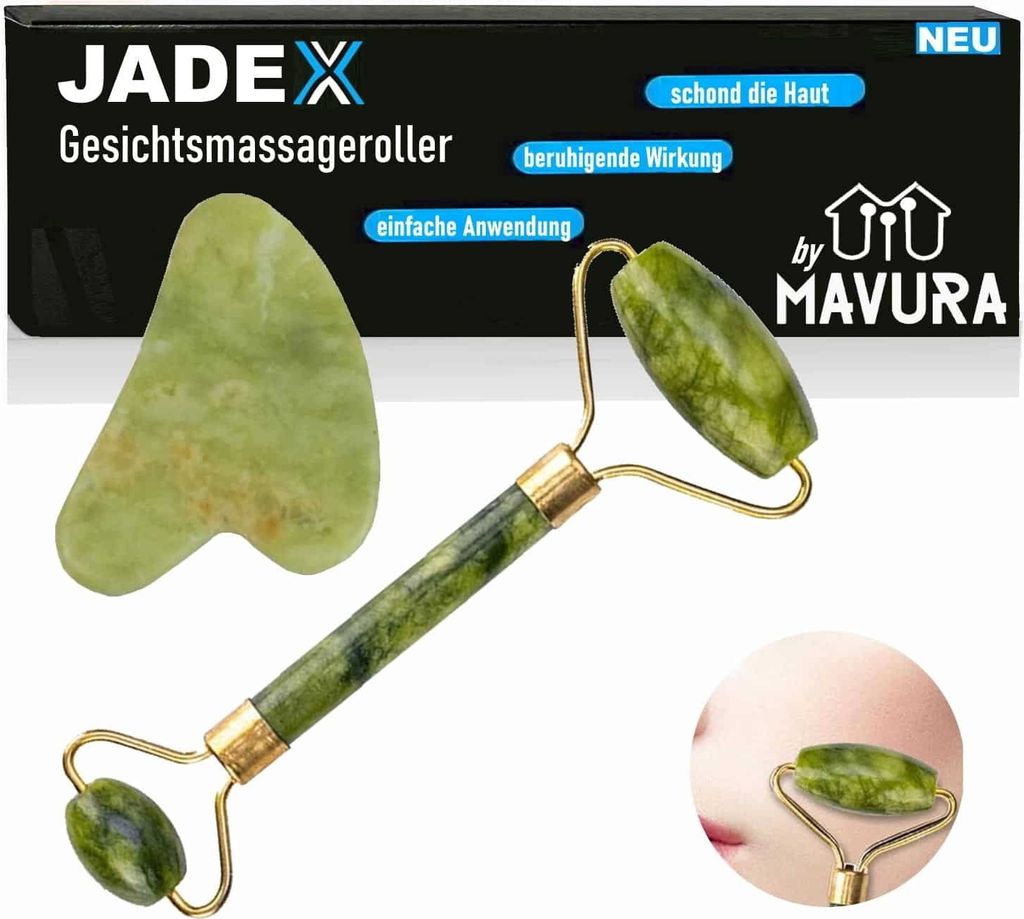 JADEX Premium Jade Roller Set Face Roller Massagegerät Gua Sha Gesichtsmassage