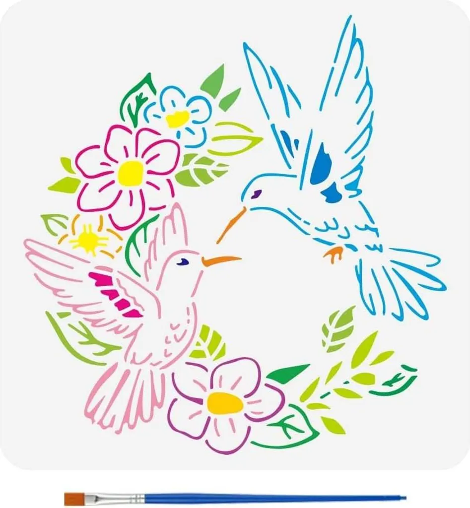 Pochoir Plastique Réutilisable 30x30 Motif Colibri et Fleurs de Été