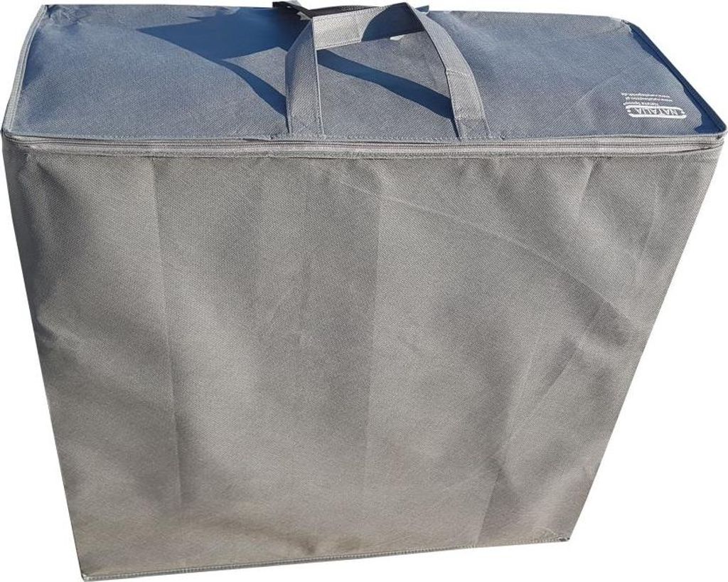 A gray storage bag for a folding mattress.