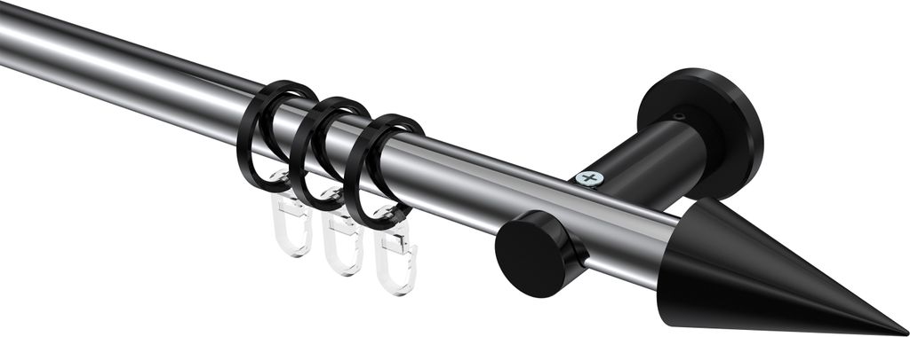 Interdeco Gardinenstange / Vorhangstange Chrom / Schwarz, Typ Platon Savio (Kegel), 20 mm Ø 1-läufig, 600 cm