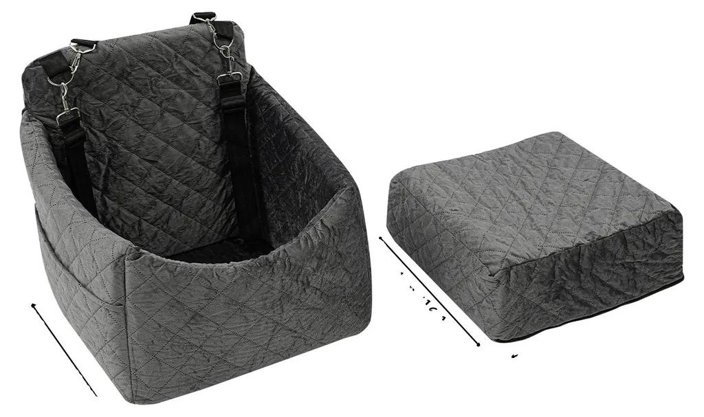 Siège auto pour chien gris rembourré et lavable, matériaux premium