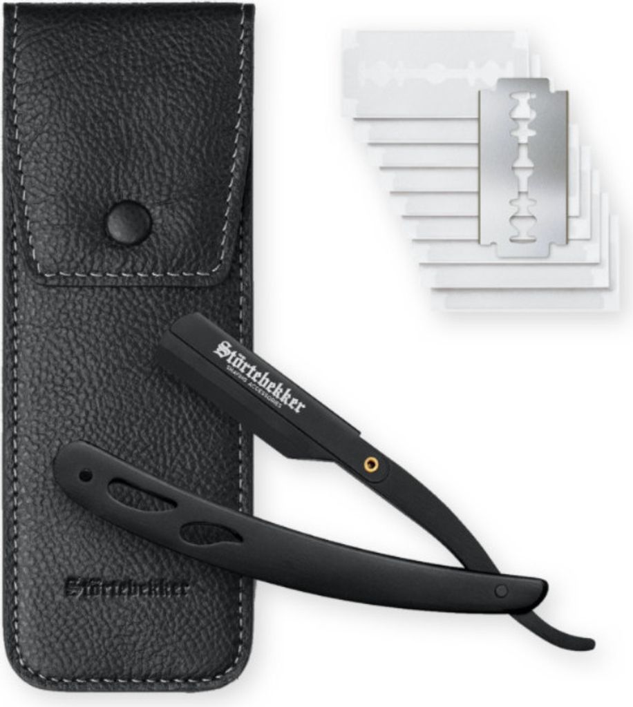 Störtebekker Rasiermesser Schwarz im handgefertigten Leder-Etui (Schwarz) - Rasier-Set mit 10 Rasierklingen, Reise-Etui - Wechselklinge Messer