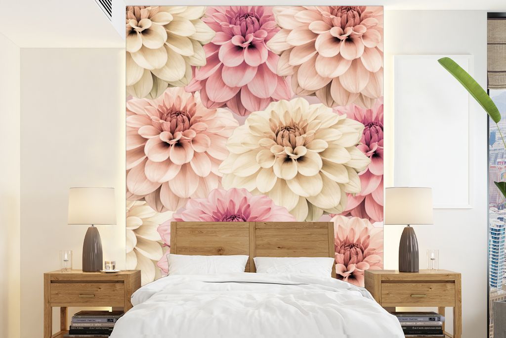 MuchoWow Fototapete für Wohnzimmer oder Schlafzimmer Wandtapete Vinyl Motivtapete Blumen - Rosa - Weiß - Natur - 205x280 cm - Wandbild
