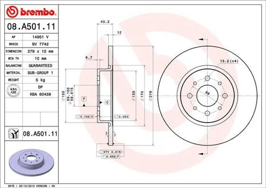 Disque de Frein pour Lancia Delta BREMBO 08.A501.11 Sécurité Route