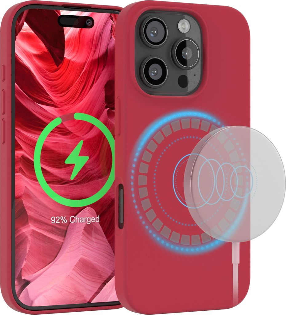 EAZY CASE Silikon MagSafe Handyhülle kompatibel mit Apple iPhone 16 Pro Hülle mit Kameraschutz, Silikonhülle, Schutzhülle Rot