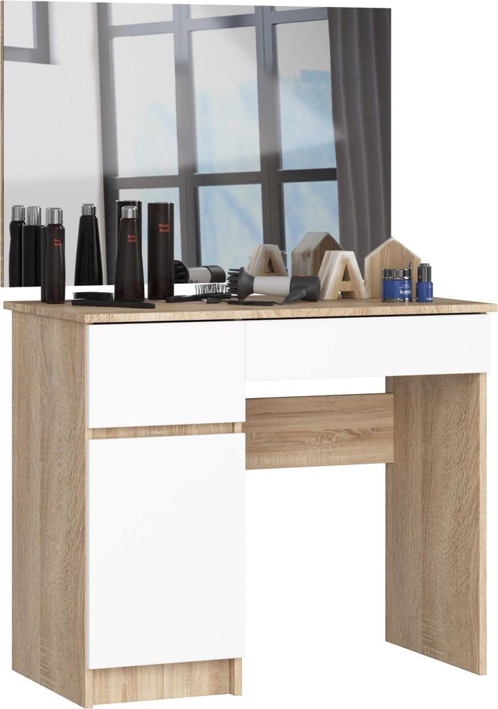 Schminktisch – Frisiertisch – Make Up Tisch – 90 cm – Sonoma Eiche / Weiß – Moderner Kosmetiktisch mit großem Spiegel, Tür und 2 Schub...