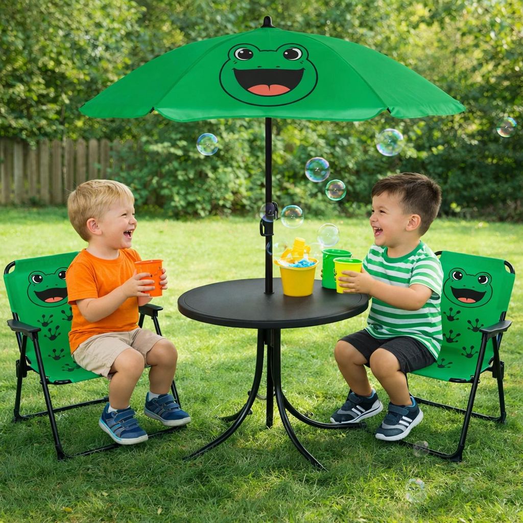 4tlg Kinder Campingmöbel Set Frosch Campingstuhl Tisch Sonnenschirm