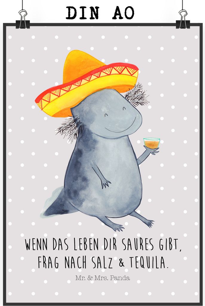 Mr. & Mrs. Panda Bild Axolotl Tequila DIN A0 - Grau Pastell - Geschenk, Spruch, trinken, Kunstdruck, Salz, wanddeko, Urlaub, Party, Mexiko, Wandbil...