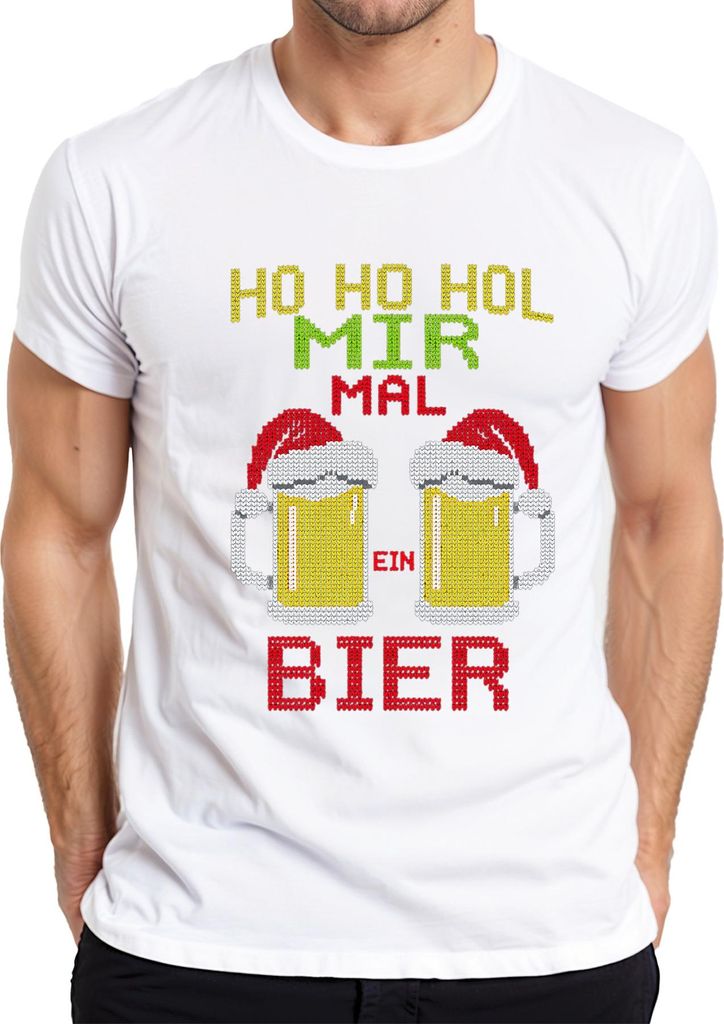 Ho Ho hol mir mal ein Bier Weihnachtsstrick Bierkrug Bierliebhabe Herren T-Shirt, Weiß, L