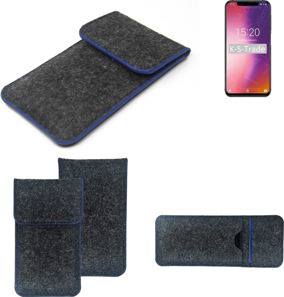 K-S-Trade Handy-Hülle Schutz-Hülle kompatibel mit UMIDIGI One Pro Filztasche Pouch Tasche Case Sleeve Filzhülle dunkelgrau, blauer Rand