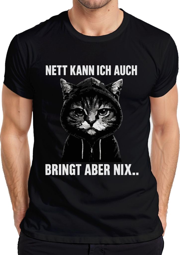 Nett kann ich auch bringt aber nix freche Katze Kapuze lustig Herren T-Shirt, Schwarz, S