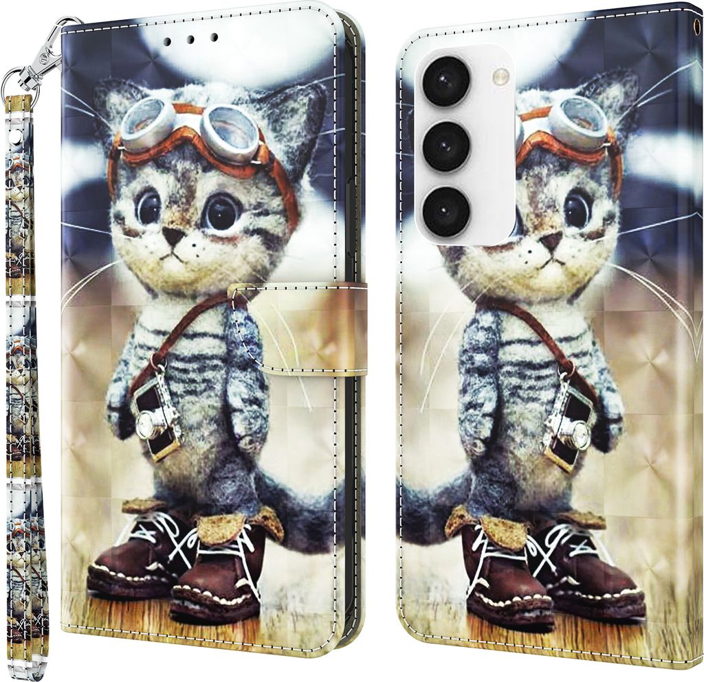 A collage showing a flip phone case with a cute cat illustration on both the front and back.