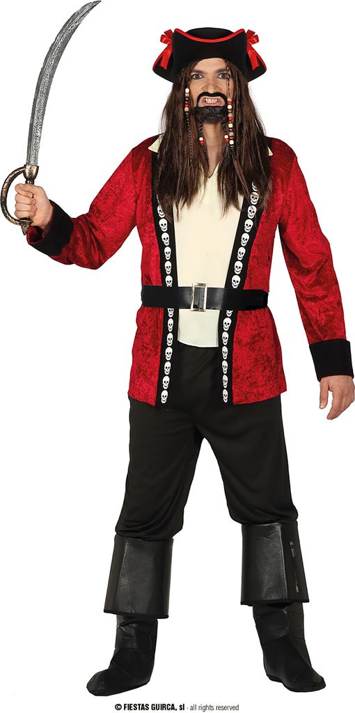 Pirat Abenteuer Kapitän Rot Jacke Hut Hose Hemd Gürtel, Größe: 48 - 50 (M) Farbe: Rot