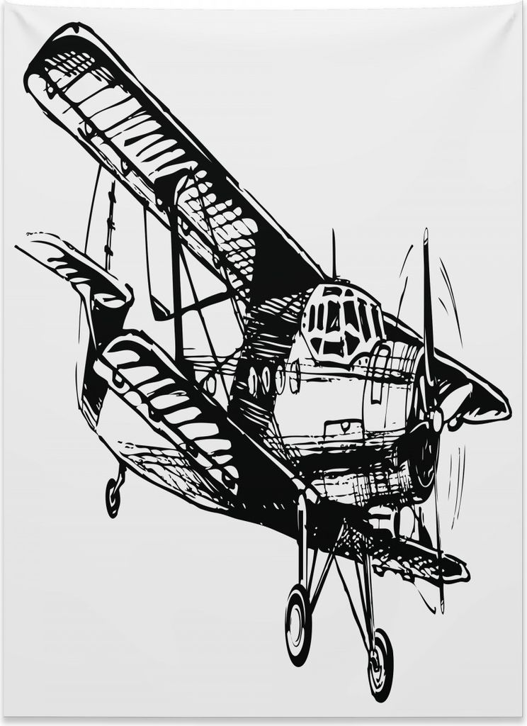 Abakuhaus Weinlese-Flugzeug Wandteppich, Skizze Kunst aus Weiches Mikrofaser Stoff Kein Verblassen Klare Farben Waschbar, 110 x 150 cm, Weiß und S...