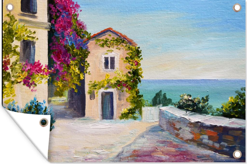 MuchoWow 120x80 cm Outdoor-Poster Gartendeko Sichtschutz Garten Poster für den Garten Malerei - Haus - Ölfarbe - Dorf