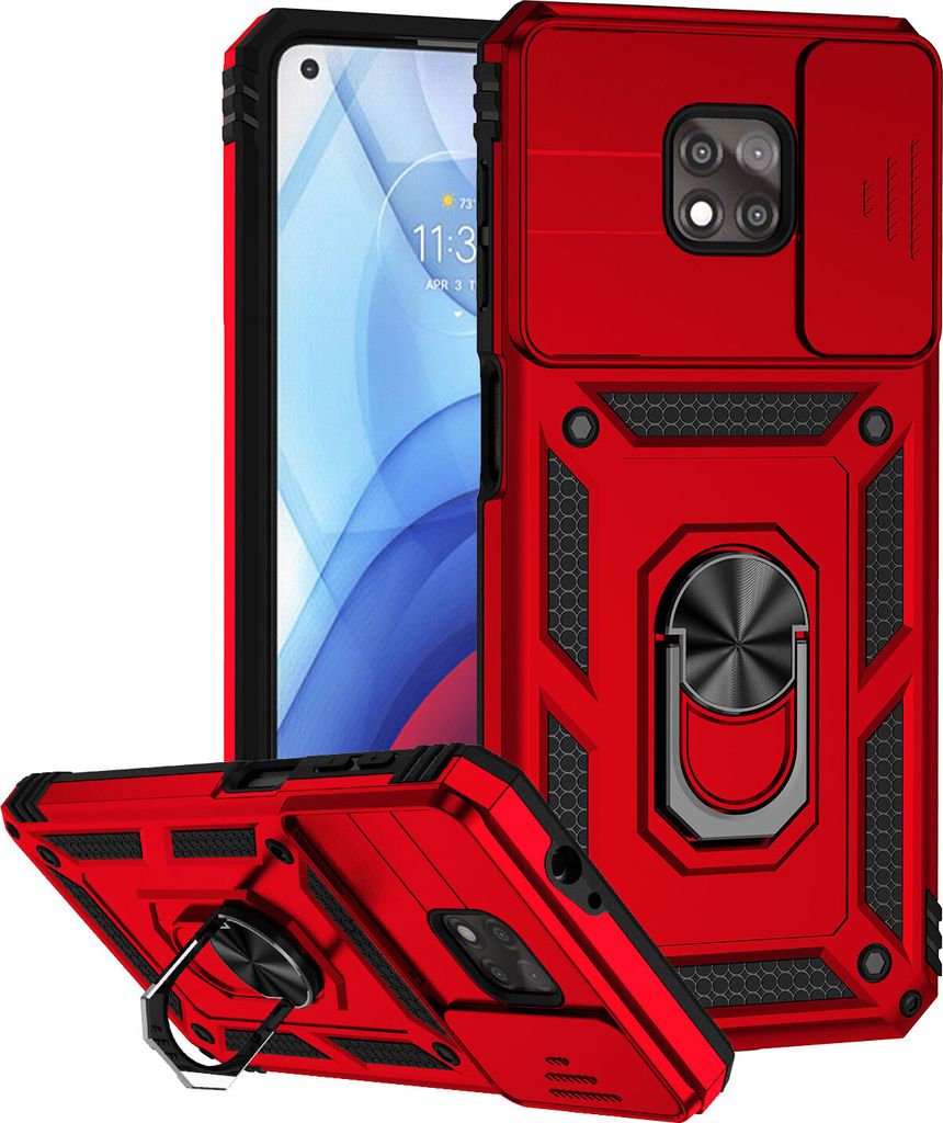 Moto G Power 2021 Hülle mit Schiebe Kamera Schutz und Ringhalter Ständer Robust Rüstung Schutzhülle für Motorola Moto G Power 2021 Rot