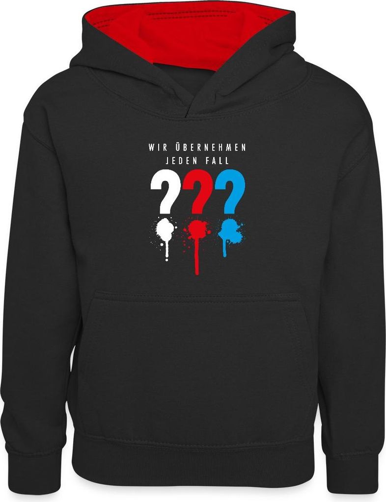 Spreadshirt Die Drei Fragezeichen Wir Übernehmen Jeden Fall Kinder Kontrast-Hoodie, XS (3/4 years), Schwarz/Rot