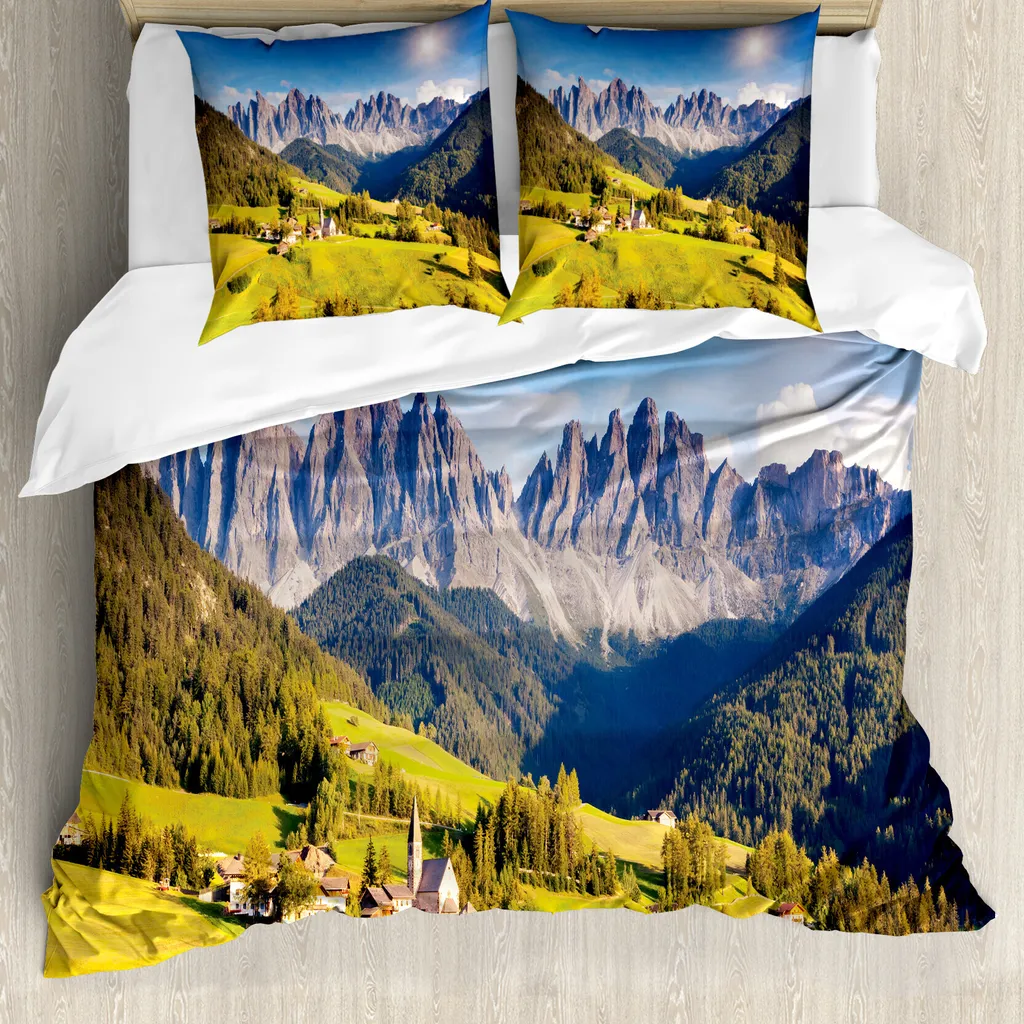 Set Letto ABAKUHAUS 200x200 Antiacaro Grigio Verde Paesaggio Alpi