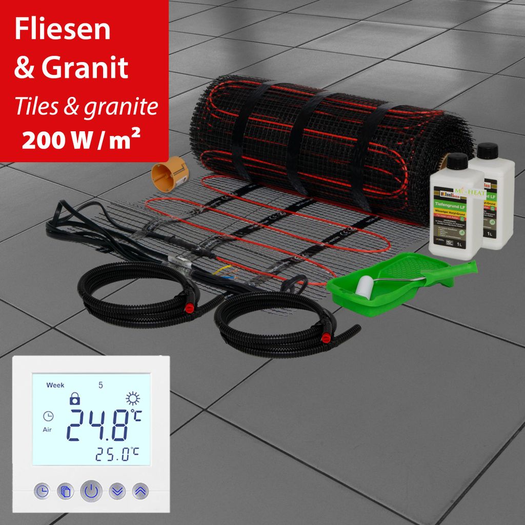Elektrische Fußbodenheizung Dünnbettheizmatte 200Watt Komplett Set Thermostat Fliesen 12,0m²