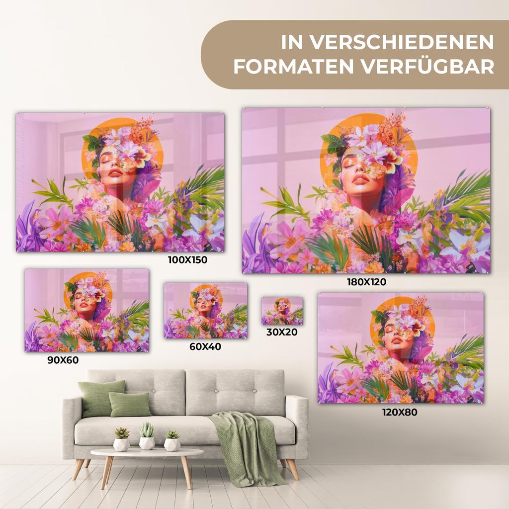 MuchoWow Glasbilder - Bilder auf Wandbild - Foto auf Glas Frau - Abstrakt - Kreis - Blumen 60x40 cm Wanddekoration aus Glas - Acrylglasbild - Acryl...