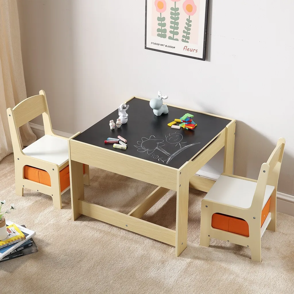 Set di sedute per bambini Tavolo per bambini, 2 sedie per bambini 1 tavolo Set di sedute per bambini in MDF di qualità P2, set di tavoli per bambini Robusti mobili per bambini con piano d'appoggio bifacciale e contenitore Set di mobili per bambini - 8