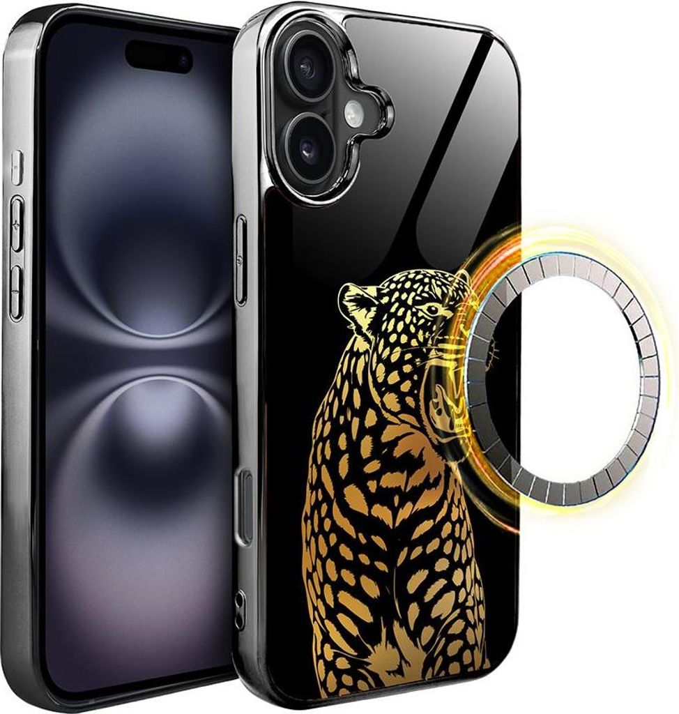 iPhone 16 IBIZU Elite Glass Case mit MagSafe, Glasrückseite, Golden Midnight, Roaring Jaguar, Schwarz
