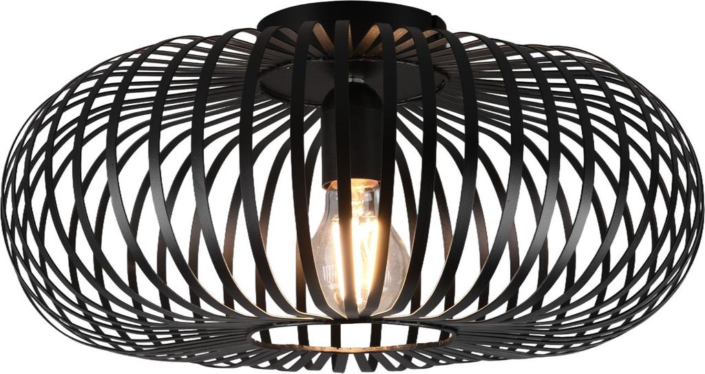 A black, modern ceiling light with a cage-like design.