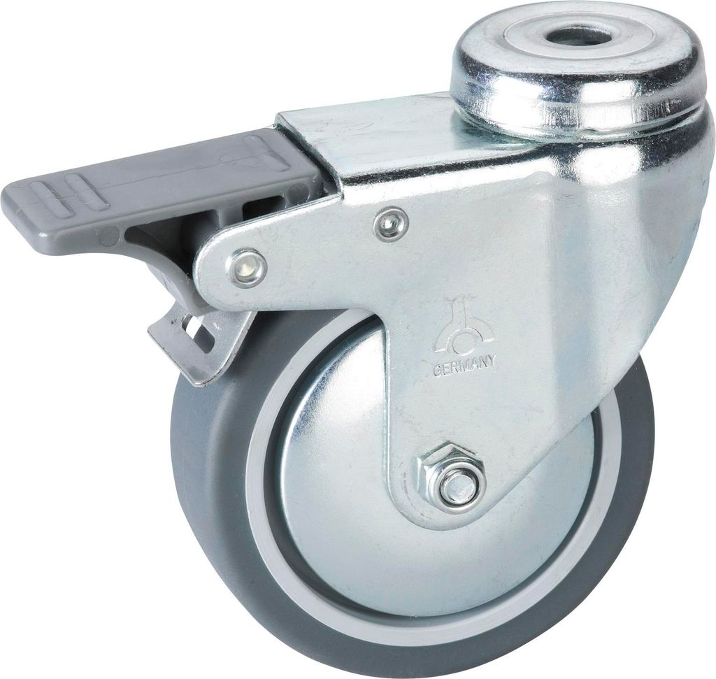 Lenkrolle TPE Rad ø 100 mm Möbelrolle mit Feststeller 55 kg mit Rückenloch