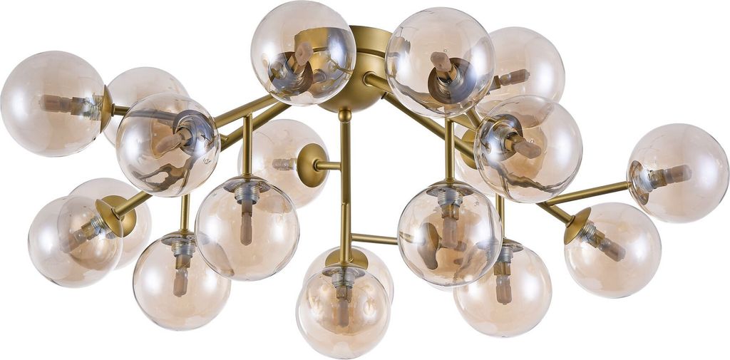 A close-up studio shot of a gold chandelier with many amber glass globes.