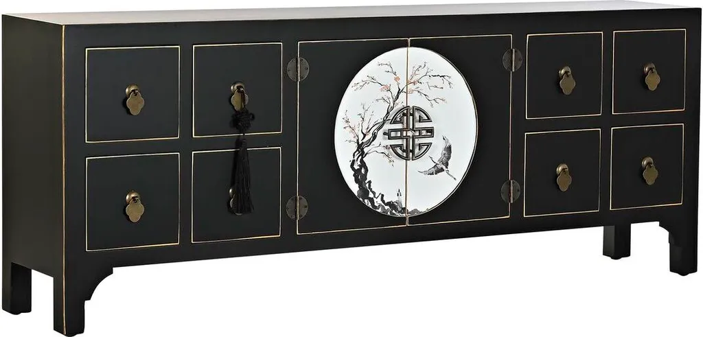 Banc TV Oriental en Bois de Sapin et Métal Noir Blanc DKD Home Decor