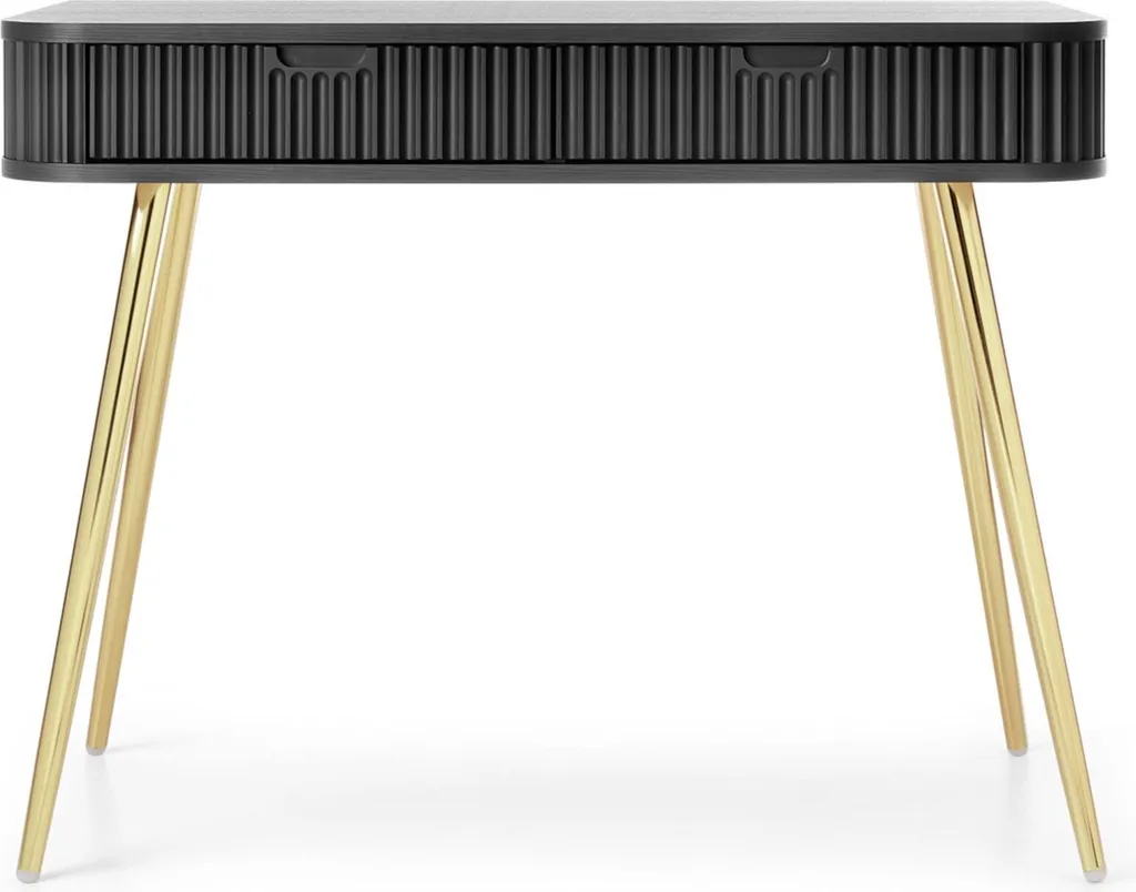 Coiffeuse Design Noir et Or 110 cm Zova - Finition Rainurée et 2 Tiroirs