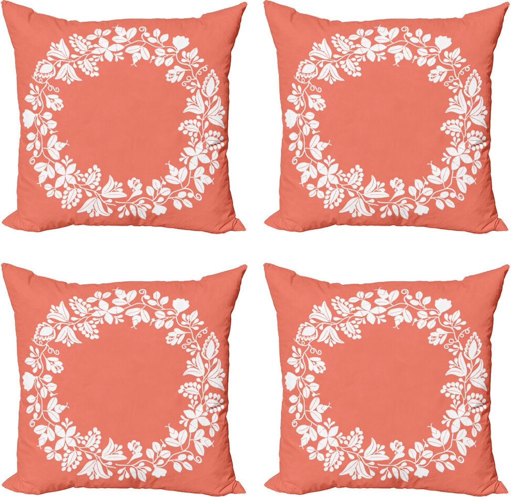 ABAKUHAUS Frühling Kissenbezug Set (4 Stück), Monochrome Botanik Kranz, Moderner Doppelseitiger Digitaldruck, 40 cm x 40 cm, Lachs und Weiß