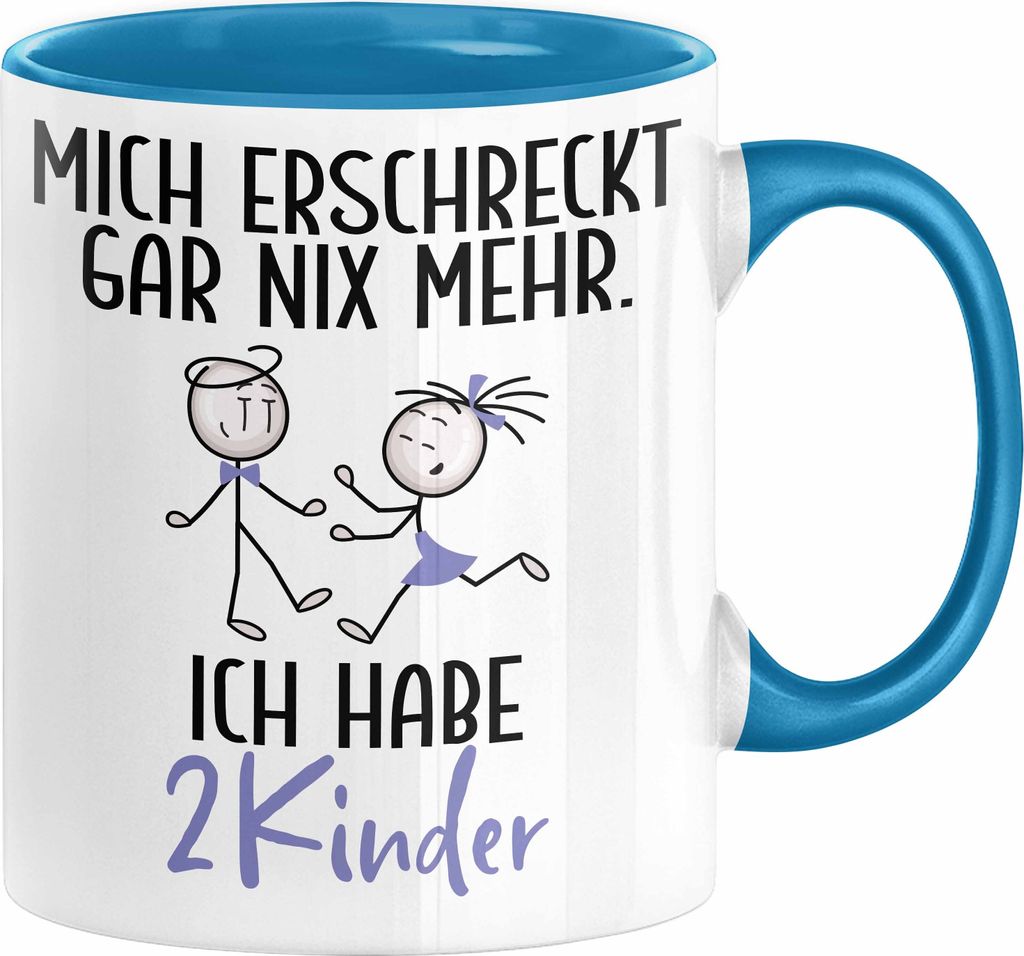 Eltern Mutter Vater Tasse Geschenk von 2 Kindern Lustige Geschenkidee für Mama Papa Mich Erschreckt Gar Nix Mehr Ich Habe 2 Kinder (Blau)