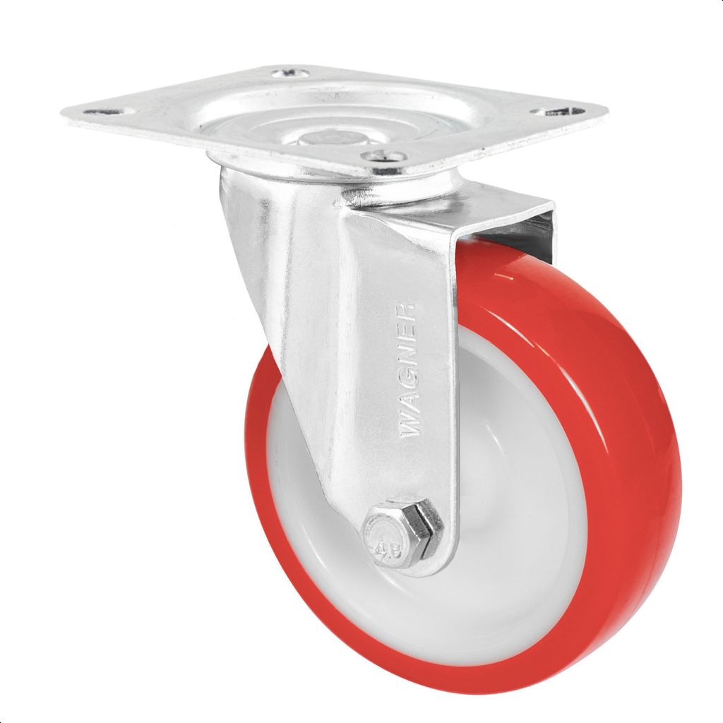 WAGNER Soft-Lenkrolle - Ø 100 mm, Stahl verzinkt, rot / weiß, Anschraubplatte, Tragkraft 75 kg - 04680001