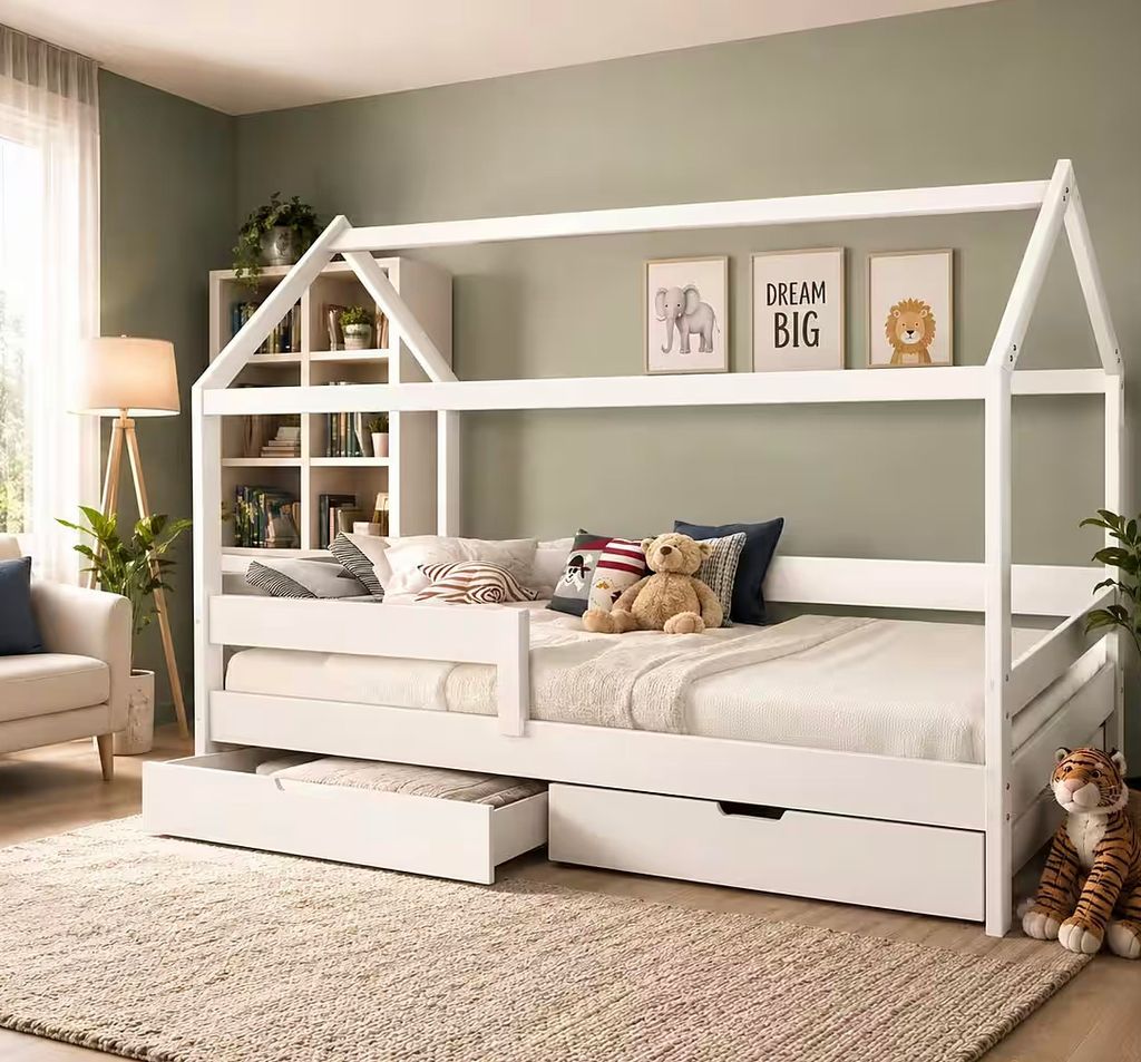 Hausbett  Kinderbett Massiv Hochbett Spielbett Jugendbett Produktbild 