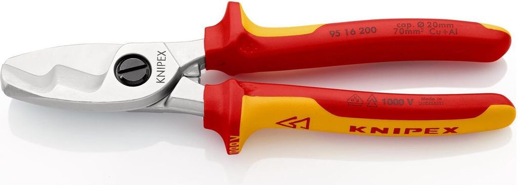 KNIPEX Kabelschere mit Doppelschneide 200mm, 95 16 200 SB Werkzeug verchromt, Griffe isoliert mit Mehrkomponenten-Hüllen, VDE- (95 16 200 SB)