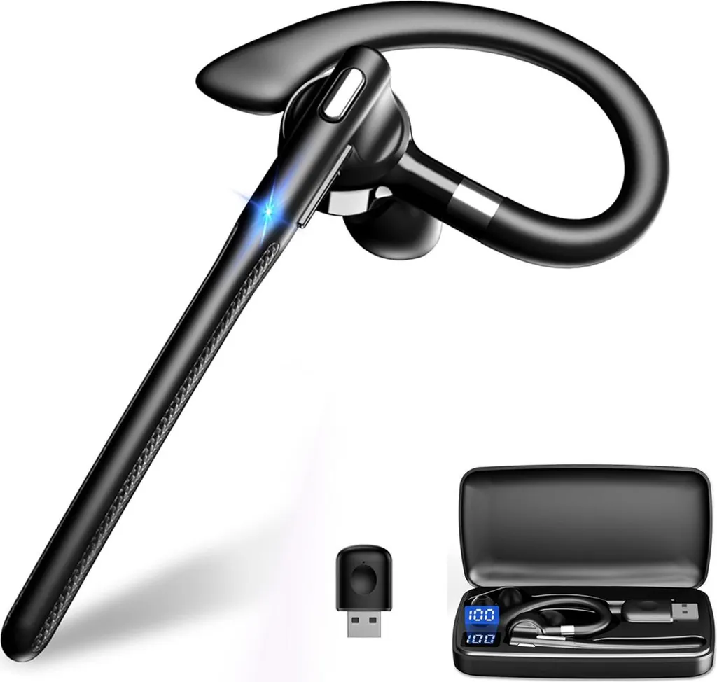Wireless Headset mit Mikrofon, USB Adapter, LED Ladebox, Schnellladung 1,5 h, 180 h Standby, Dual-Device, Freisprechen, Business & Auto