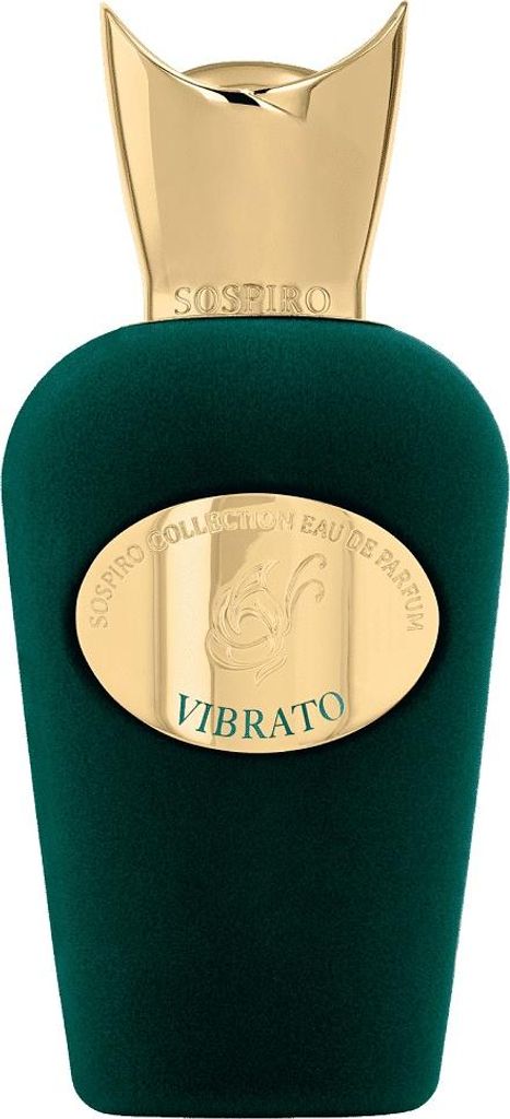 A product shot of a green perfume bottle with a gold cap and label.