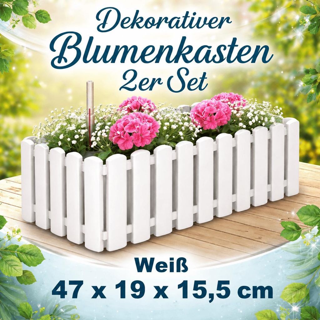 2 Blumenkasten Wasserreservoir Balkonkasten Pflanzkasten Balkonkästen Weiß 47cm