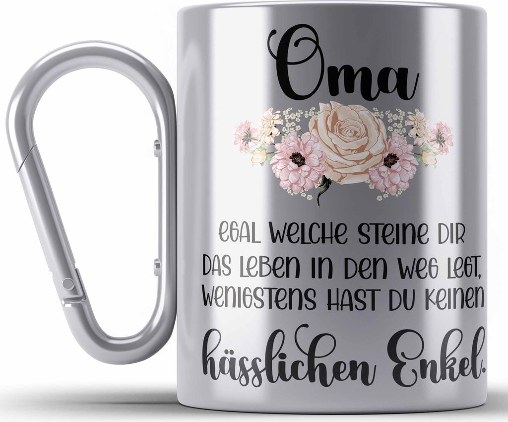 Trendation - Beste Oma Geschenk Edelstahl Tasse Karabiner Geburtstagsgeschenk von Enkel Geschenkideen Lustig Geburtstag (Silber)
