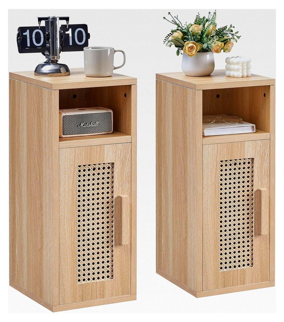 2er Set Rattan Nachttisch, Schmaler Beistelltisch, Boho-Nachtschrank mit Magnetischen Türen, Holz Nachttisch für Wohnzimmer, Büro, Schlafzimmer,...