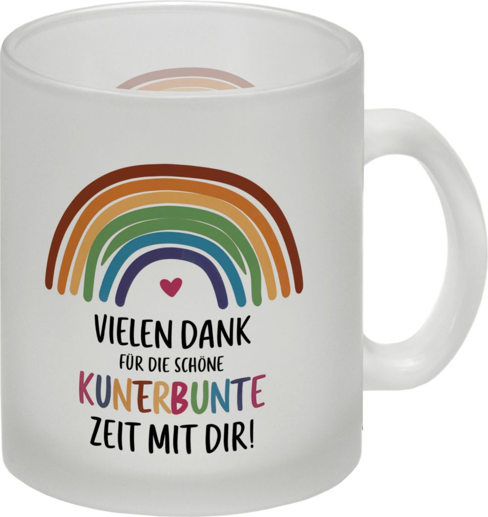 Vielen Dank für die kunterbunte Zeit Glas Tasse mit Regenbogen