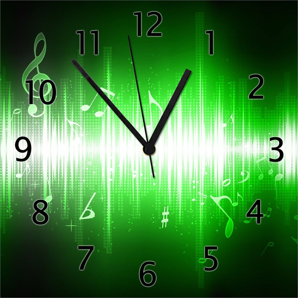 Wallario Design Wanduhr Grüne Noten der Musik aus Echtglas, Größe 30 x 30 cm