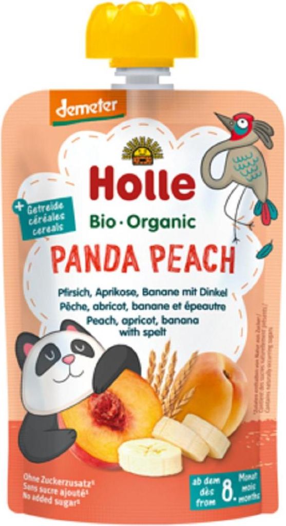 MUS BRZOSKWINIOWA PANDA (BRZOSKWINIA - BANAN - MORELA - ORKISZ) BEZ DODATKU CUKRÓW OD 8 MIESIĄCA DEMETER BIO 100 g - HOLLE