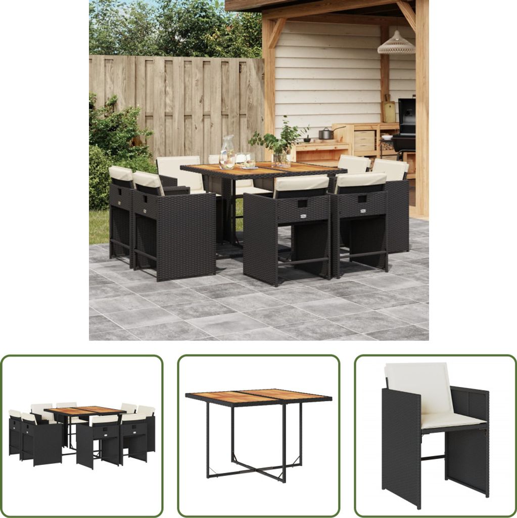 The Living Store 9-tlg. Garten-Essgruppe mit Kissen Schwarz Poly Rattan