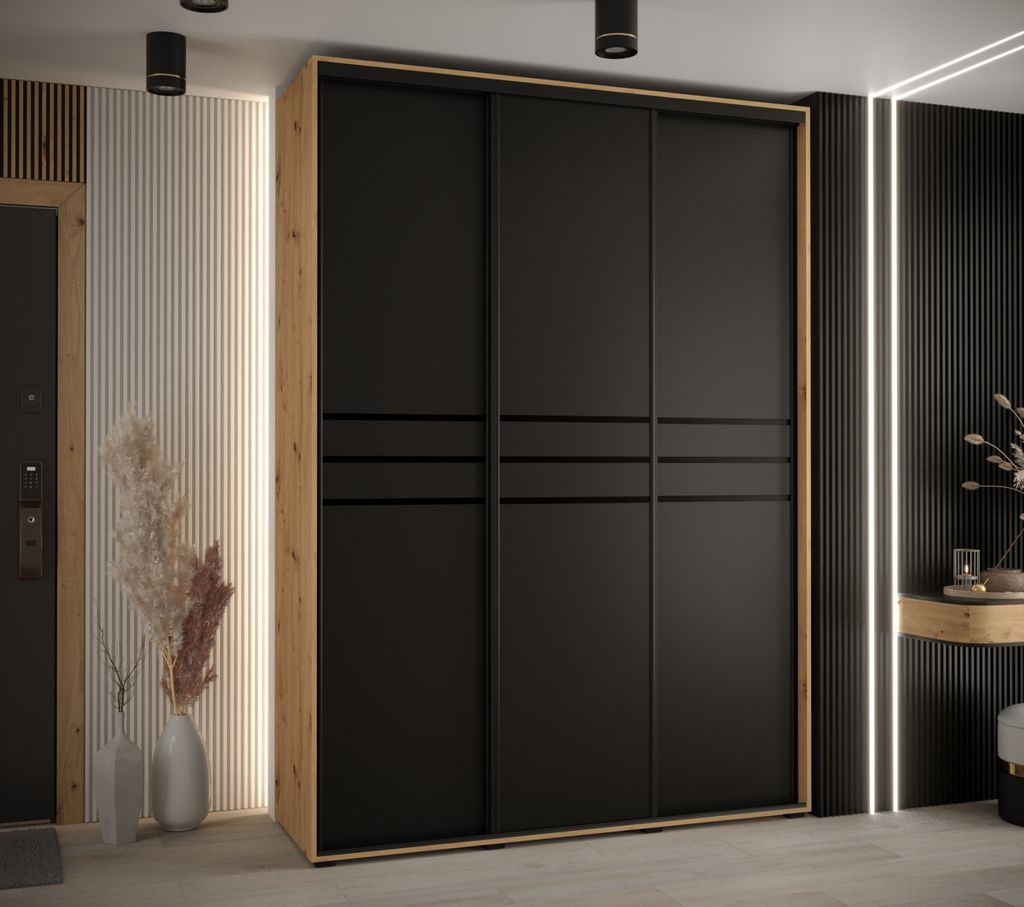 Kleiderschrank ASIRI 10 - 180/45 cm, Eiche handwerklich / schwarz / schwarz
