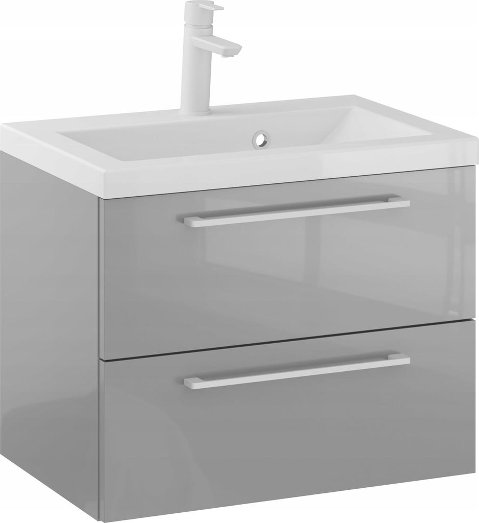 Rosen 60.2 cm Badezimmerschrank in Grau Hochglanz mit Waschbecken und Weißen matten Griffen - Zeitloses Design