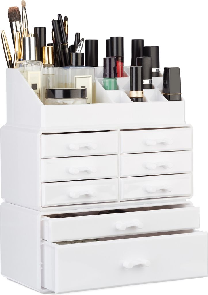 Relaxdays Make Up Organizer mit Schubladen, stapelbares Kosmetikregal f. Schmuck u. Make Up, Schminkaufbewahrung, weiß